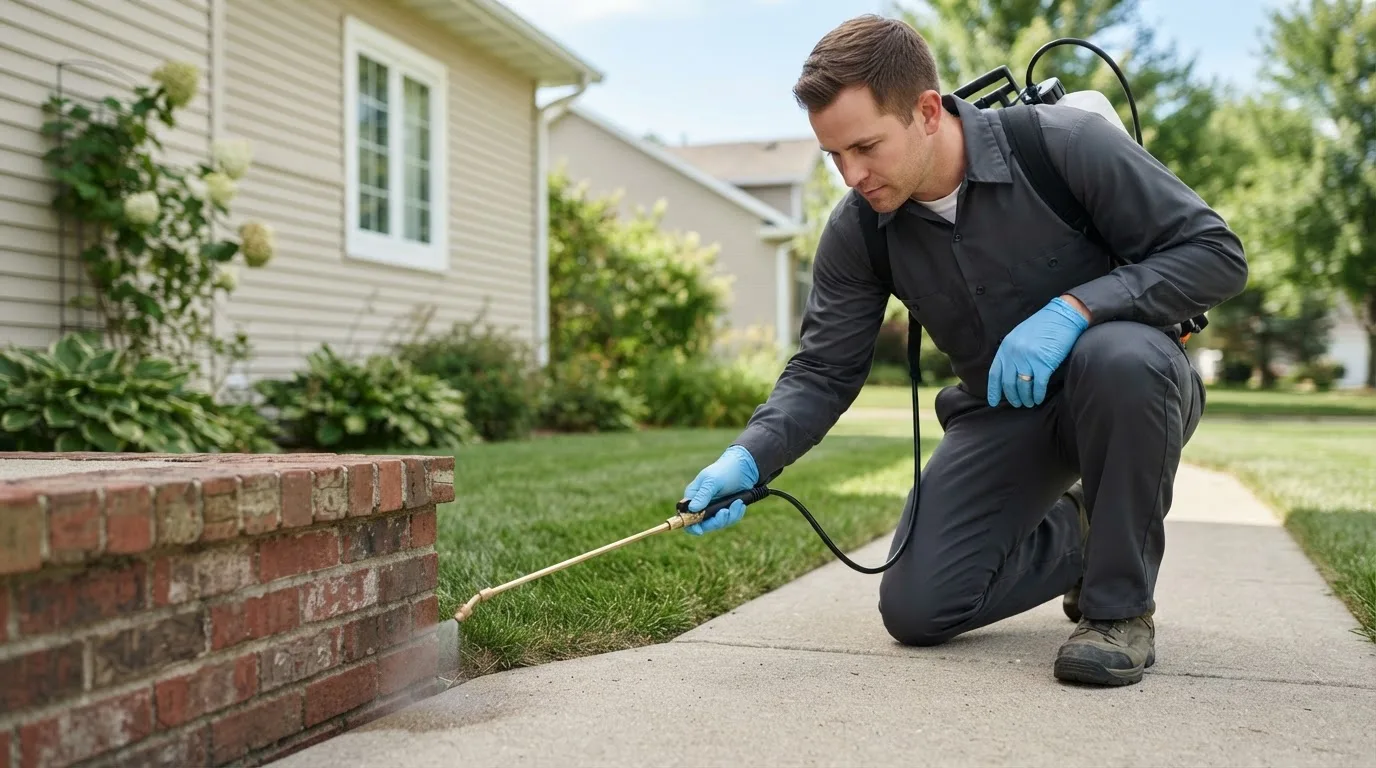 Pest control technician treating a home near East Granby, CT